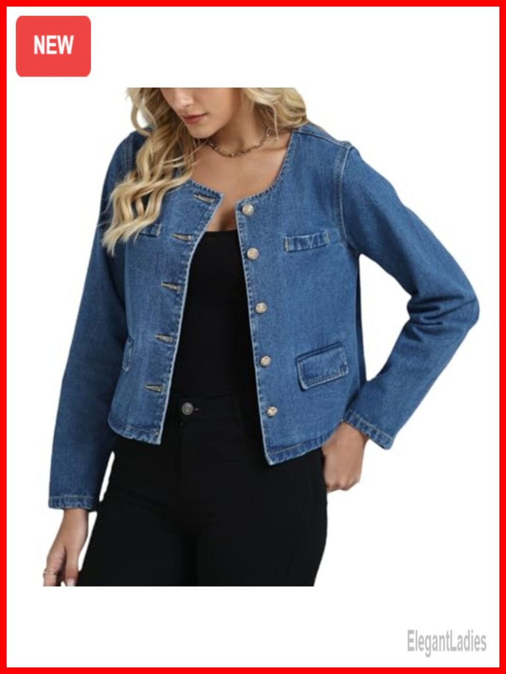 Women's Cropped Denim Jacket Collarless Long Sleeve Button Down Casual Jean Coat